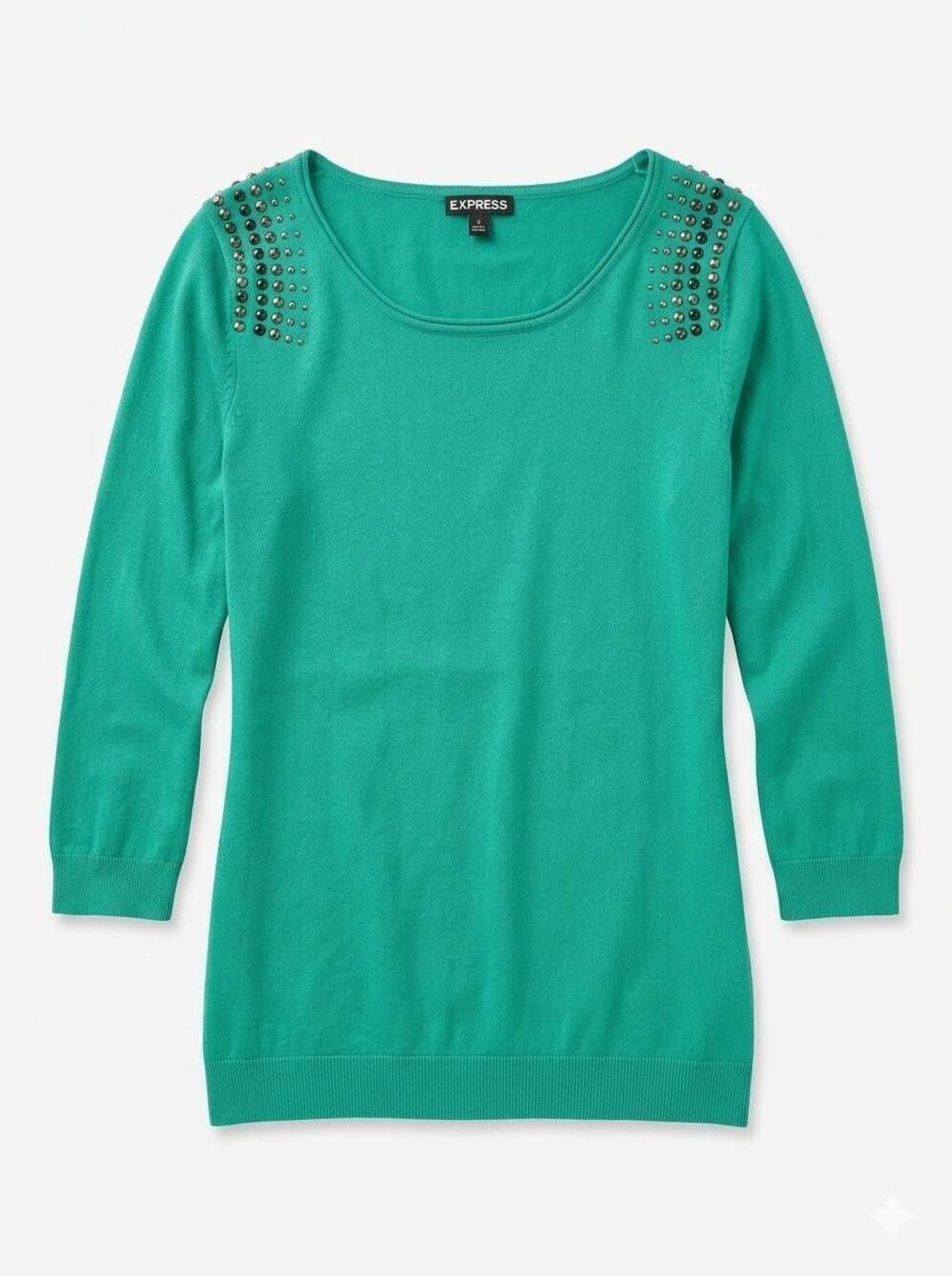 🔹️Express Green Studded Ruched 3/4 Sleeve Sweater Top Medium